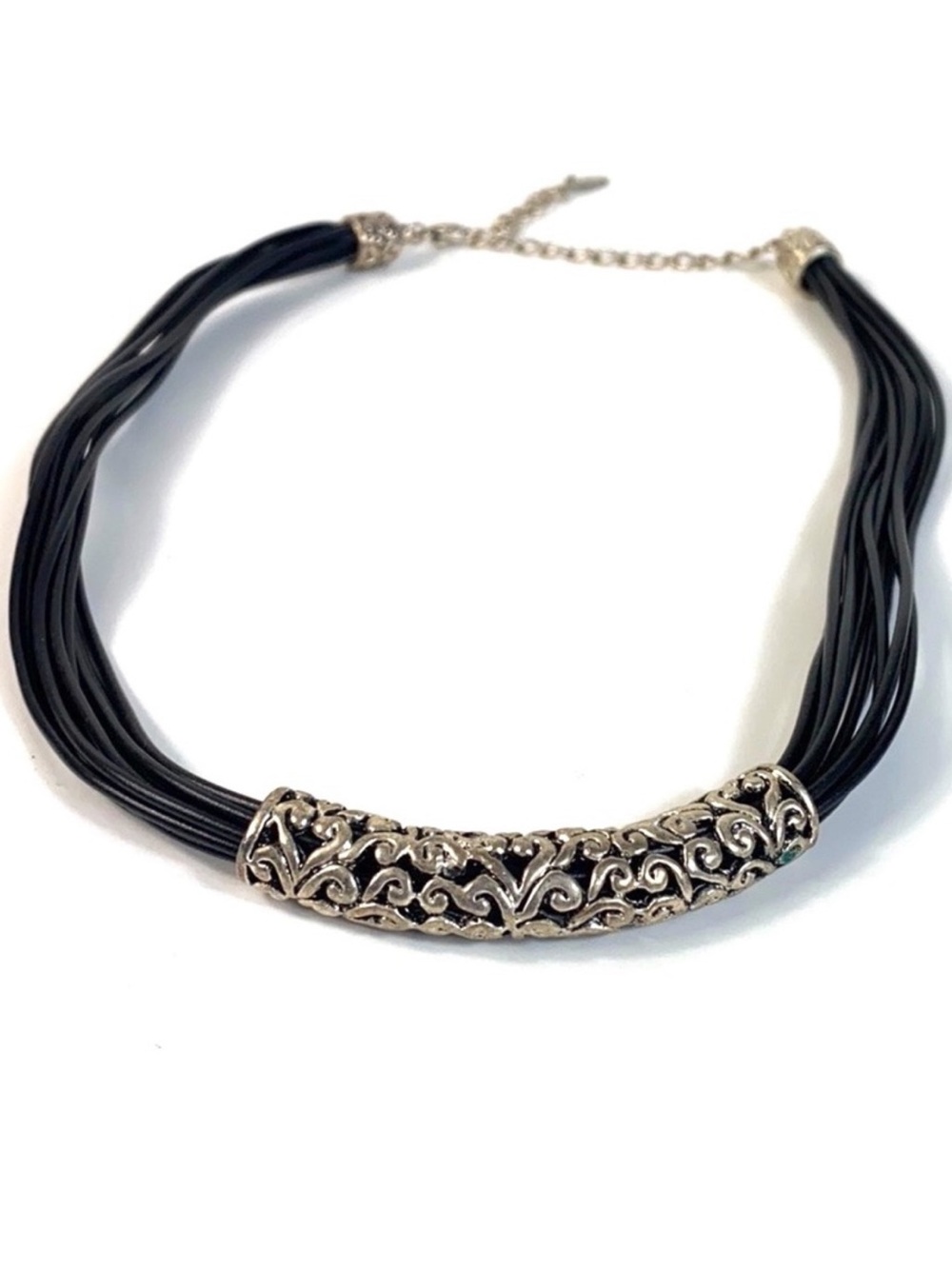 Volm Leather Multi-strand Silver Choker Necklace